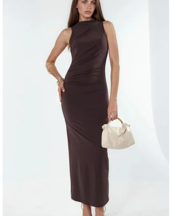Rochie Maxi Bodycon Midi,  detaliu drapat, maro castaniu, poliester-elastan