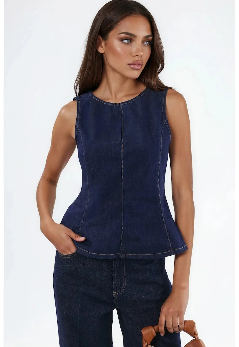 Top Bodycon  fara maneci, fermoar, bumbac, albastru inchis