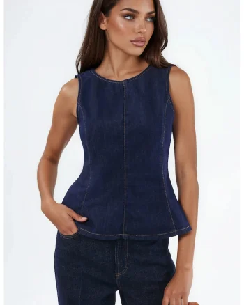 Top Bodycon  fara maneci, fermoar, bumbac, albastru inchis