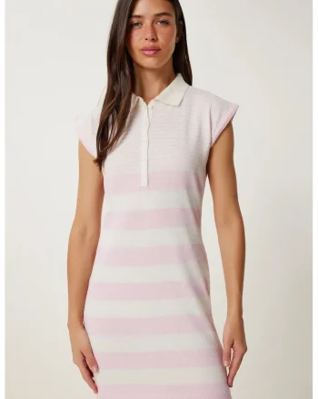 Rochie mini, Happiness Istanbul, bodycon, dungi, Roz Garoafa, bumbac/poliester,