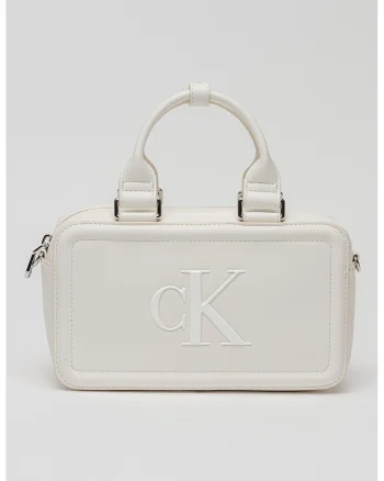 Geanta crossbody cu monograma in relief Bauletto, Alb murdar