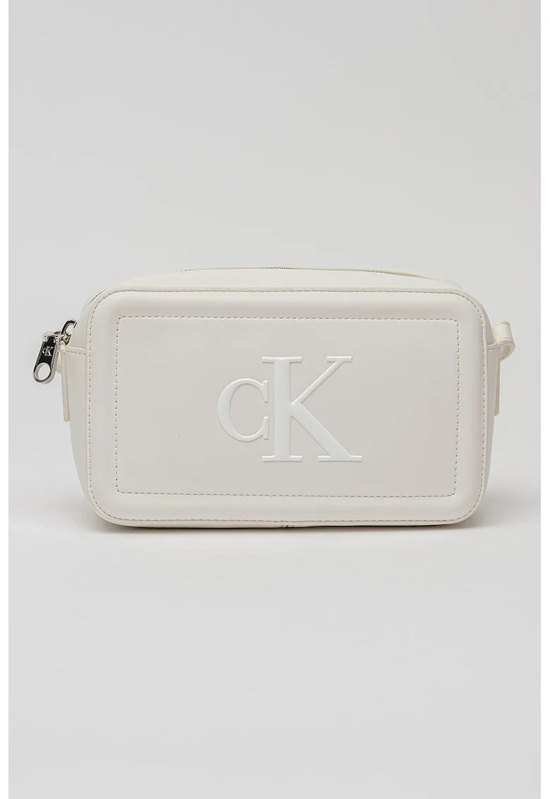 Geanta crossbody de piele ecologica cu logo in relief, Alb murdar