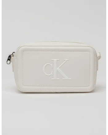 Geanta crossbody de piele ecologica cu logo in relief, Alb murdar
