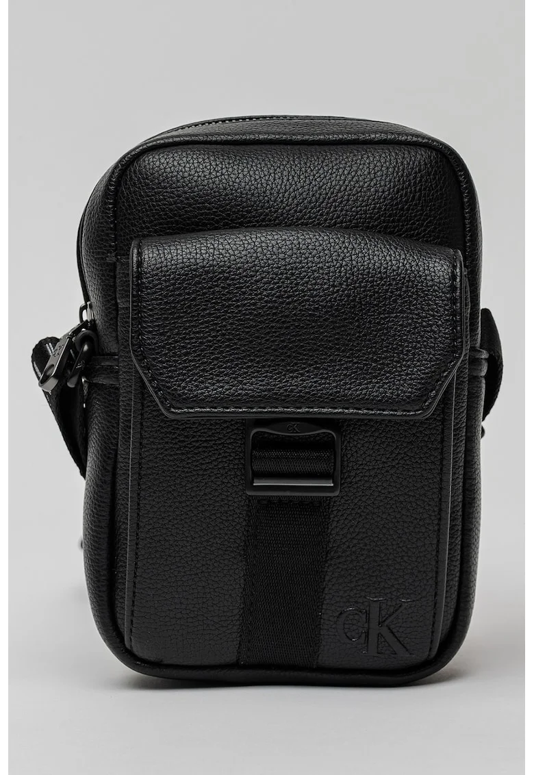 Geanta crossbody reporter cu bareta subtire si clapa Webbing, Negru