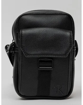 Geanta crossbody reporter cu bareta subtire si clapa Webbing, Negru