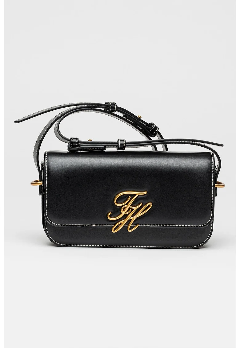 Geanta crossbody de piele cu logo metalic, Negru