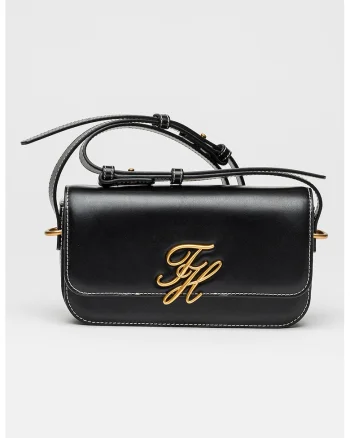 Geanta crossbody de piele cu logo metalic, Negru