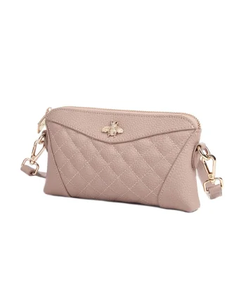 Geanta crossbody matlasata din piele cu detaliu metalic, Nude