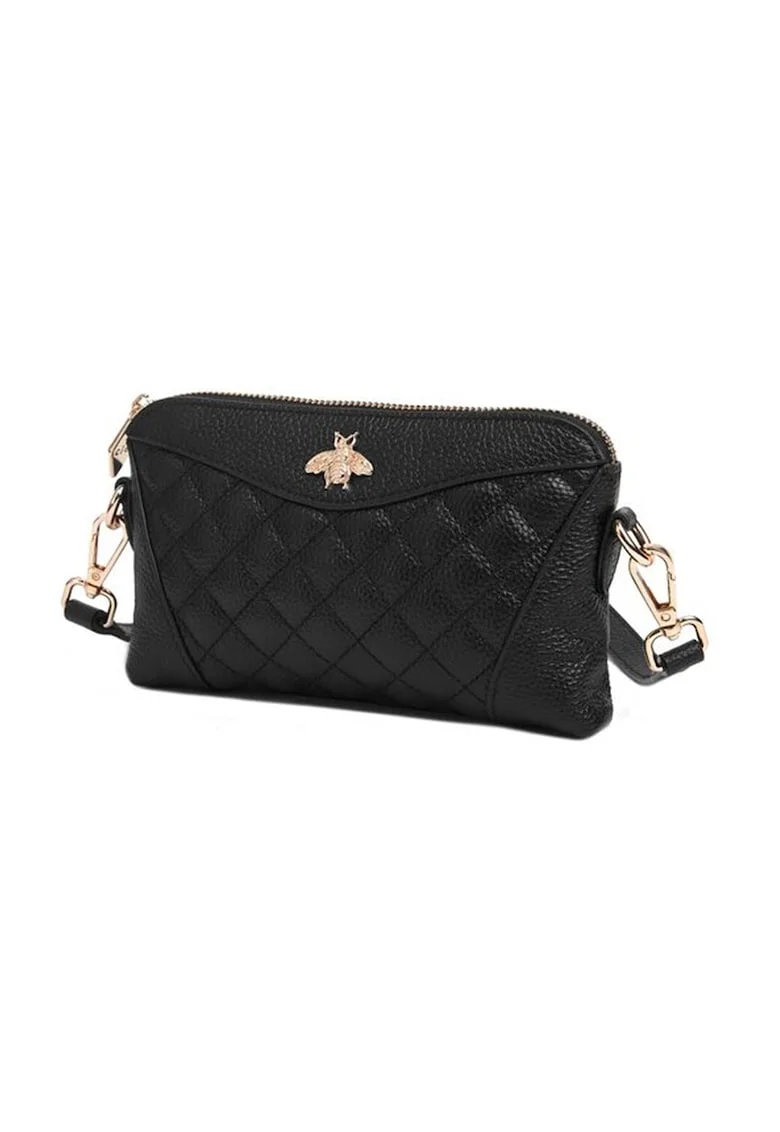 Geanta crossbody matlasata din piele cu detaliu metalic, Negru