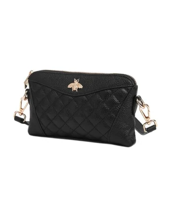 Geanta crossbody matlasata din piele cu detaliu metalic, Negru