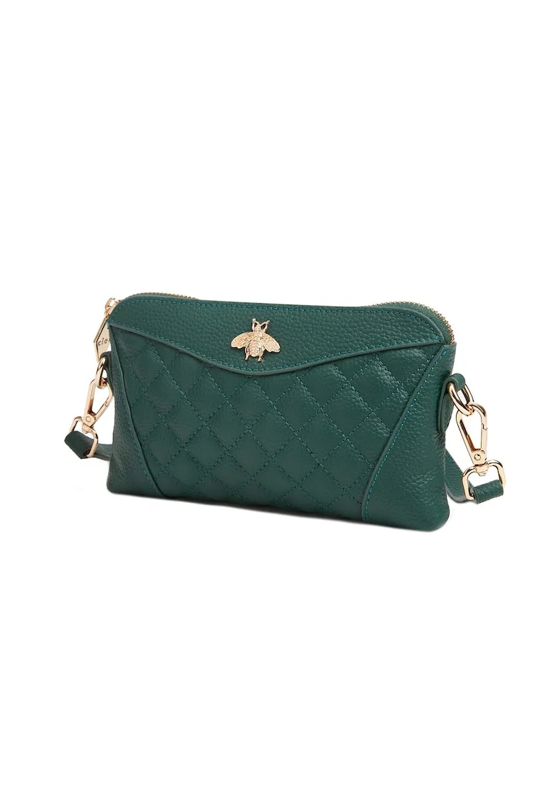 Geanta crossbody matlasata din piele cu detaliu metalic, Verde