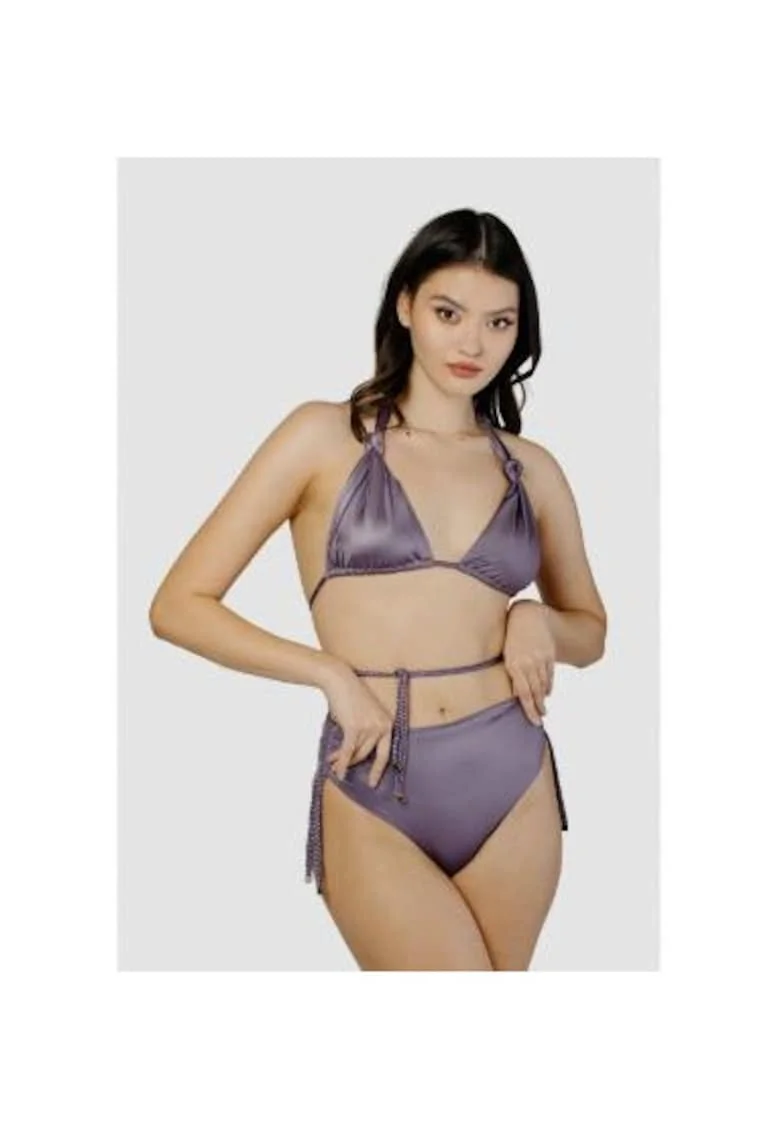 Costum de baie in doua piese cu cupe triunghiulare si slip cu talie inalta, Mov