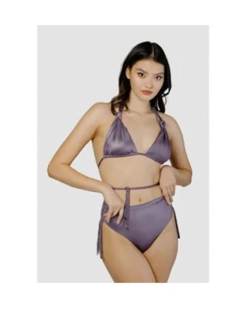 Costum de baie in doua piese cu cupe triunghiulare si slip cu talie inalta, Mov