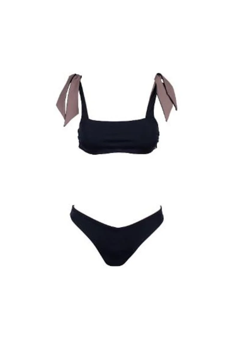 costum in doua piese reversibil cu sutien bandou si slip in V, Negru