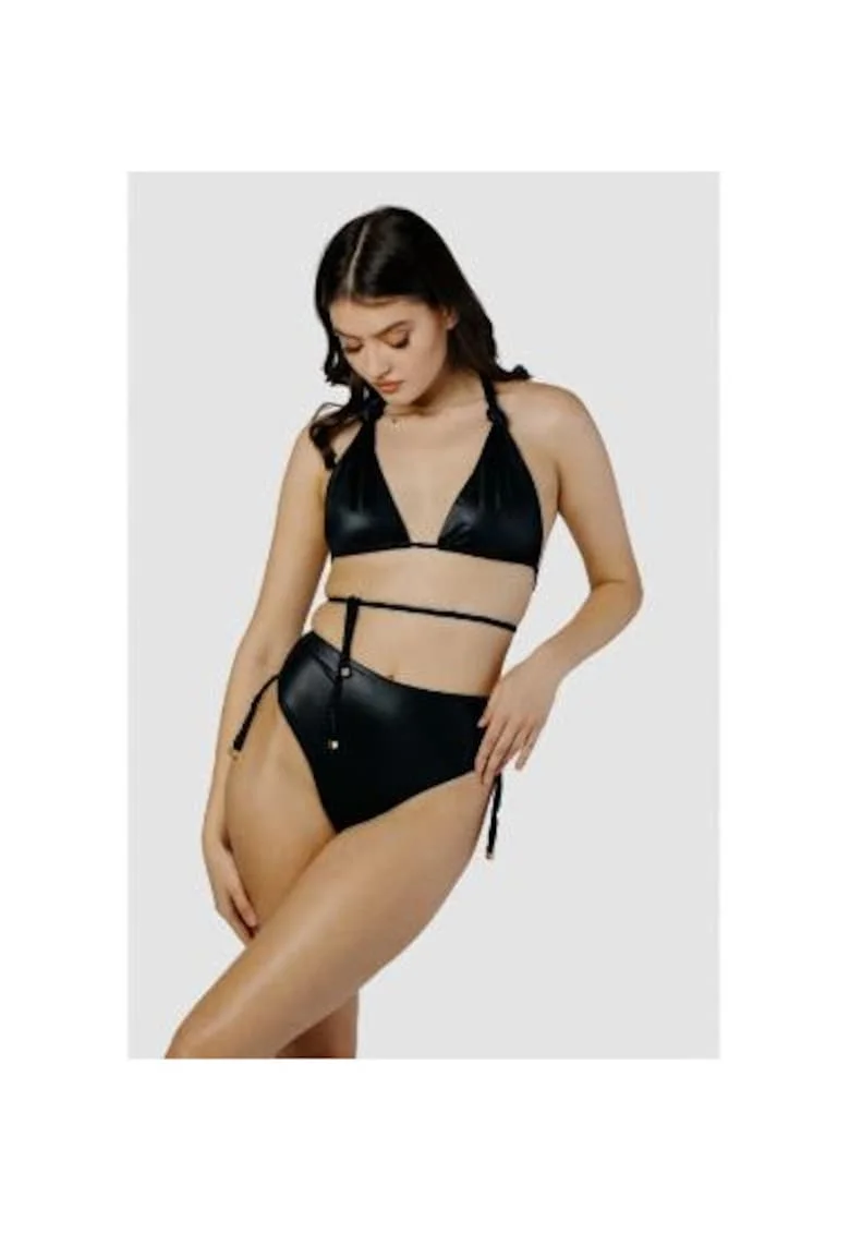 Costum de baie in doua piese cu cupe triunghiulare si slip cu talie inalta, Negru