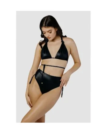 Costum de baie in doua piese cu cupe triunghiulare si slip cu talie inalta, Negru
