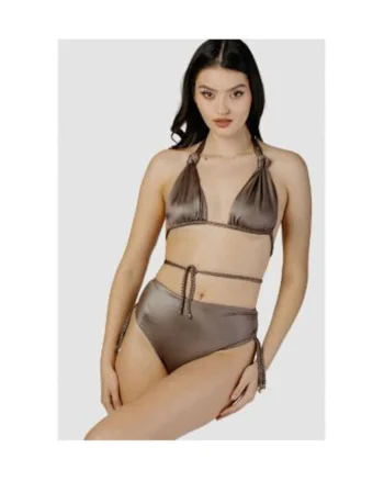 Costum de baie in doua piese cu cupe triunghiulare si slip cu talie inalta, Maro