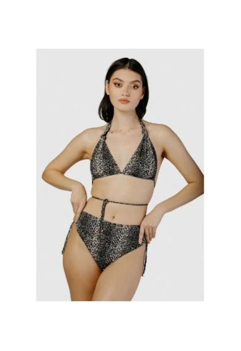 Costum de baie in doua piese cu cupe triunghiulare si slip cu talie inalta, Multicolor