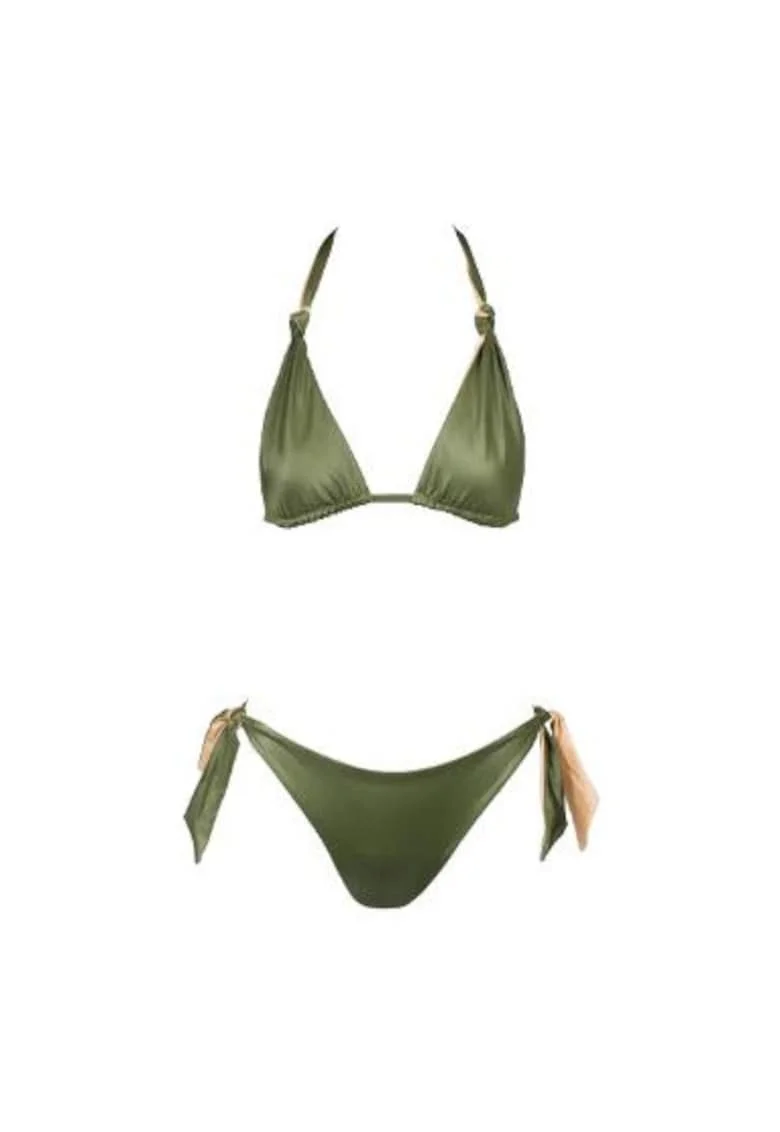 costum in doua piese reversibil cu sutien triunghilar si slip legat pe lateral, Verde