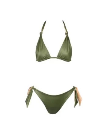 costum in doua piese reversibil cu sutien triunghilar si slip legat pe lateral, Verde