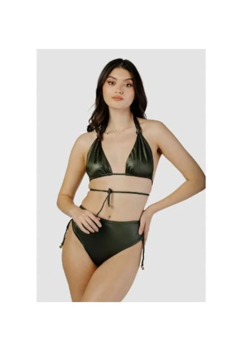 Costum de baie in doua piese cu cupe triunghiulare si slip cu talie inalta, Verde