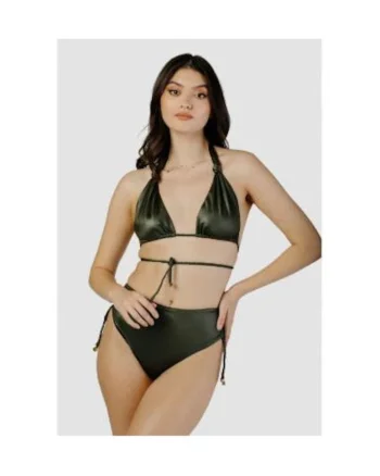 Costum de baie in doua piese cu cupe triunghiulare si slip cu talie inalta, Verde