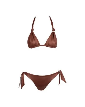 costum in doua piese reversibil cu sutien triunghilar si slip legat pe lateral, Maro
