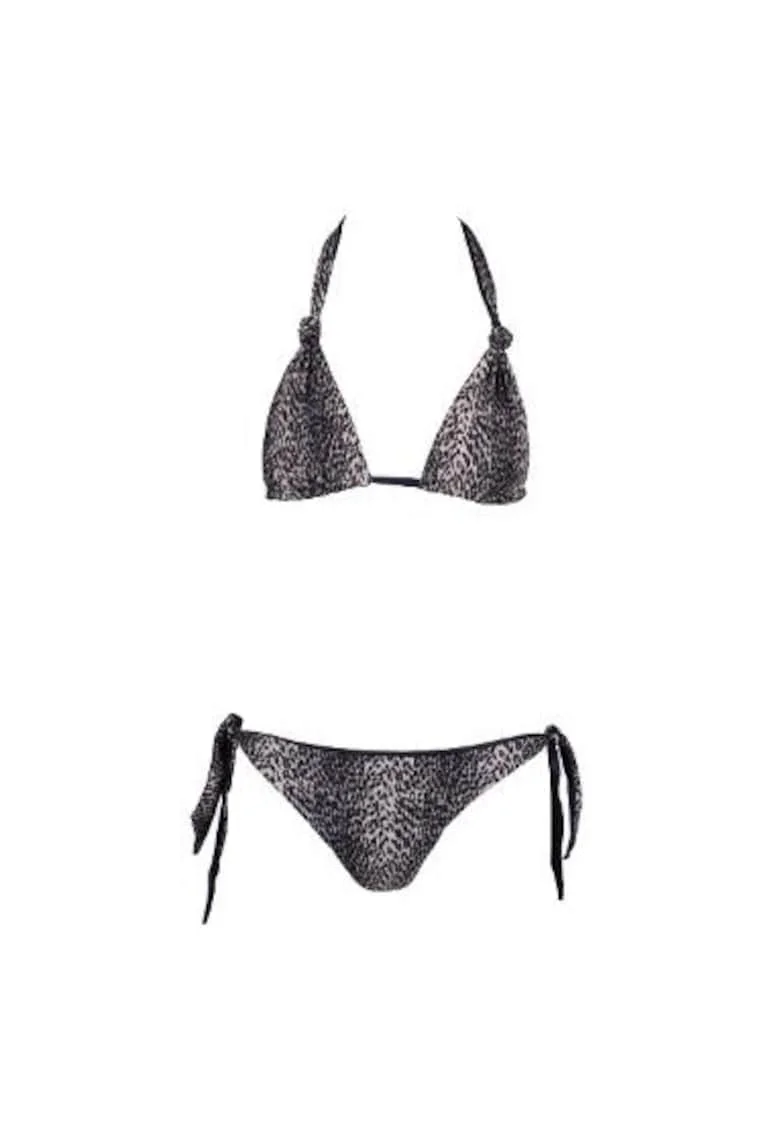costum in doua piese reversibil cu sutien triunghilar si slip legat pe lateral, Multicolor