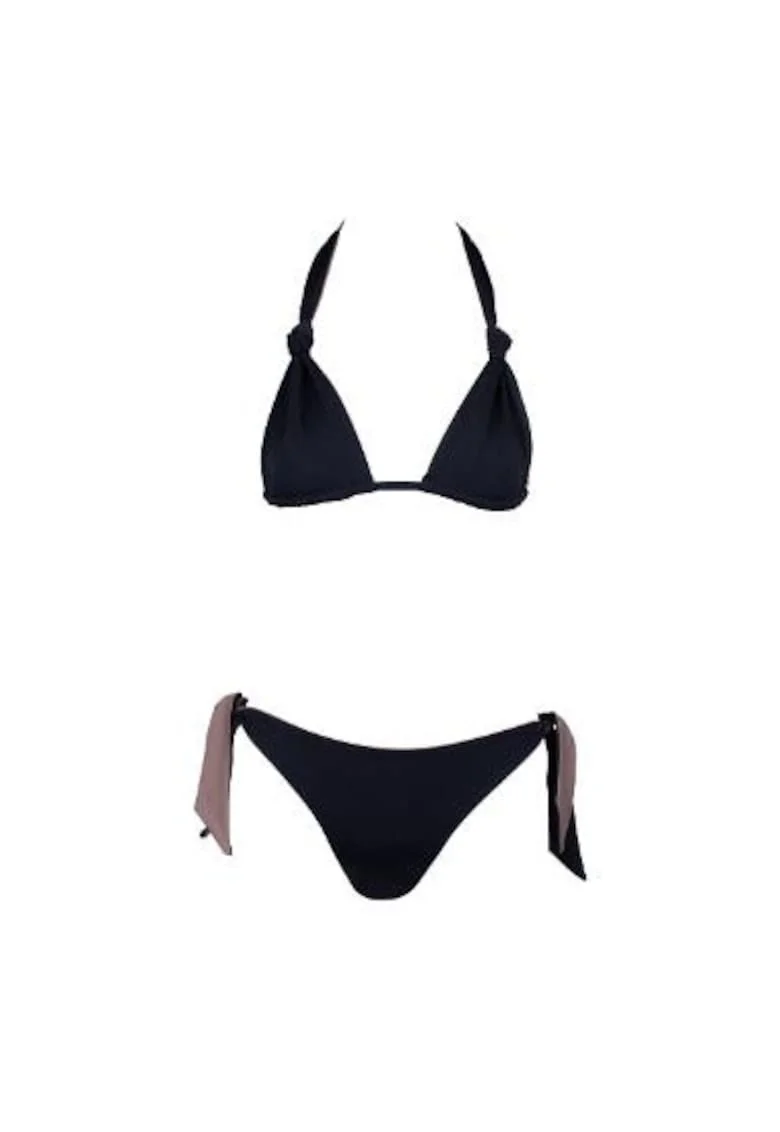 costum in doua piese reversibil cu sutien triunghilar si slip legat pe lateral, Negru