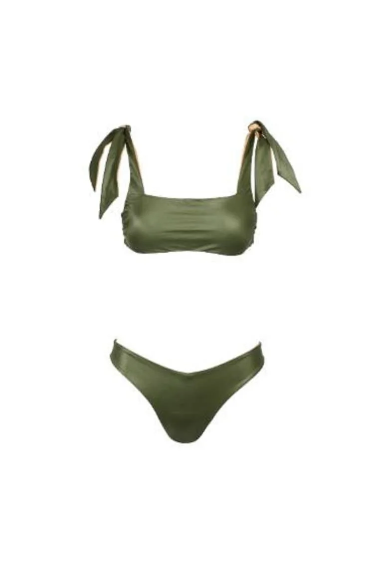costum in doua piese reversibil cu sutien bandou si slip in V, Verde