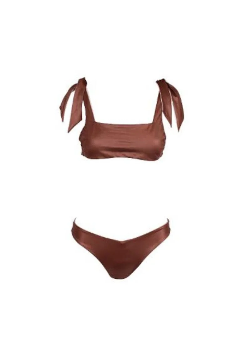 costum in doua piese reversibil cu sutien bandou si slip in V, Maro