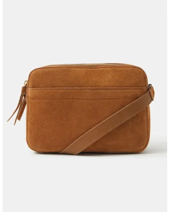 Geanta crossbody de piele intoarsa, Portocaliu inchis