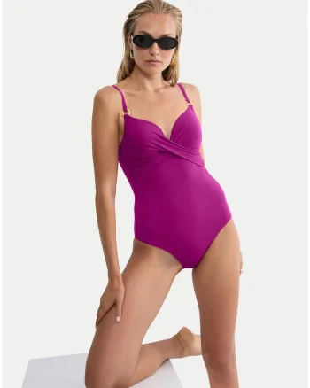 Costum de baie dama,  slip clasic, roz, material sintetic