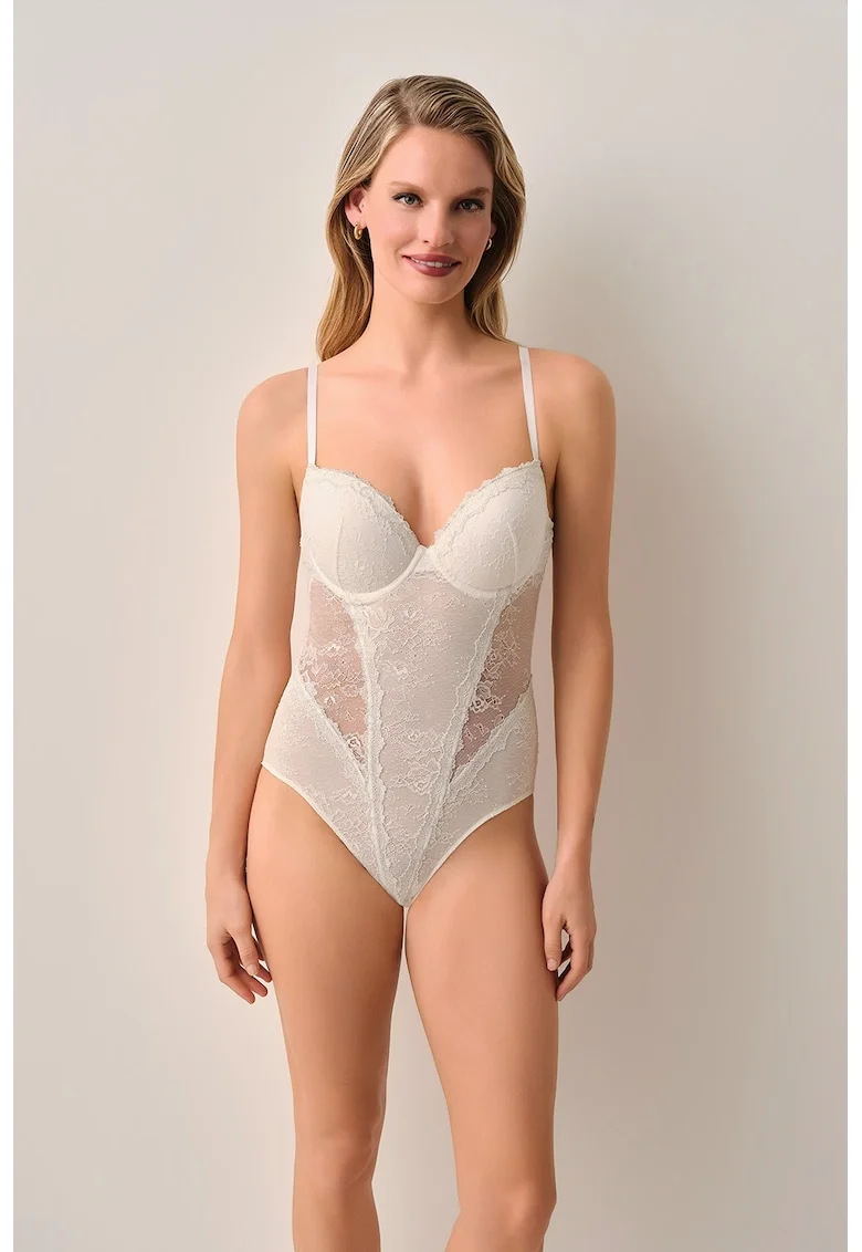Body cu insertie din dantela si cupe cu burete, Gri deschis,