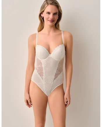 Body cu insertie din dantela si cupe cu burete, Gri deschis,