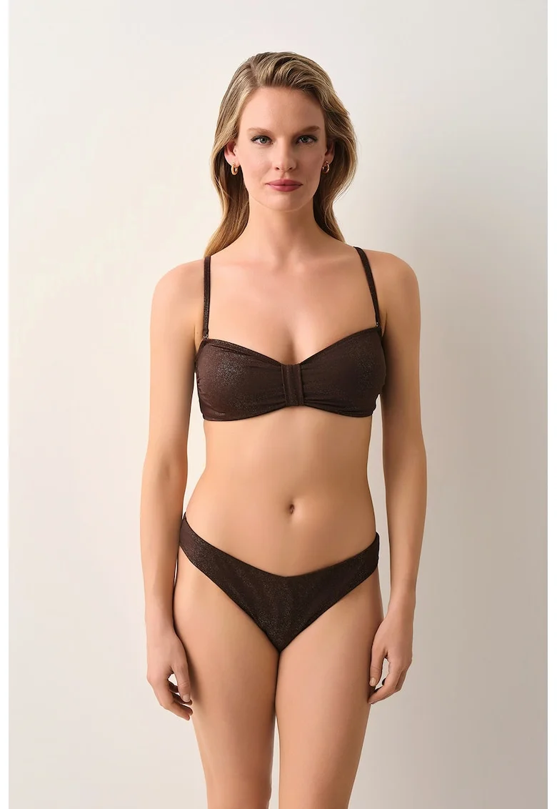 Sutien de baie cu insertii cu aspect stralucitor Bandeau, Maro pamantiu