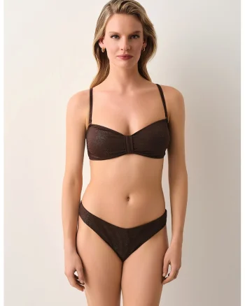 Sutien de baie cu insertii cu aspect stralucitor Bandeau, Maro pamantiu