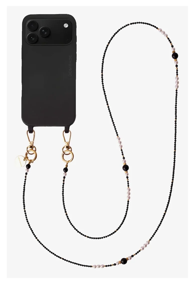 Lant crossbody din pietre naturale pentru telefon, Pearl Noir, 120 cm