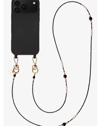 Lant crossbody din pietre naturale pentru telefon, Pearl Noir, 120 cm