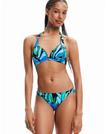 Sutien de baie cu decolteu halter, Verde/Negru/Turcoaz