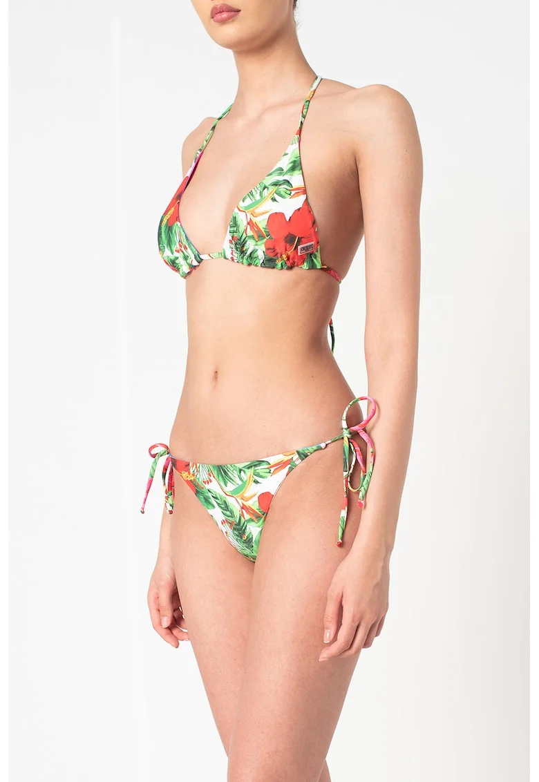 Sutien de baie cu cupe triunghiulare si imprimeu tropical, Multicolor