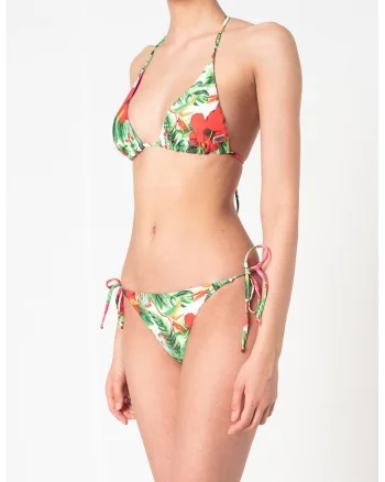 Sutien de baie cu cupe triunghiulare si imprimeu tropical, Multicolor