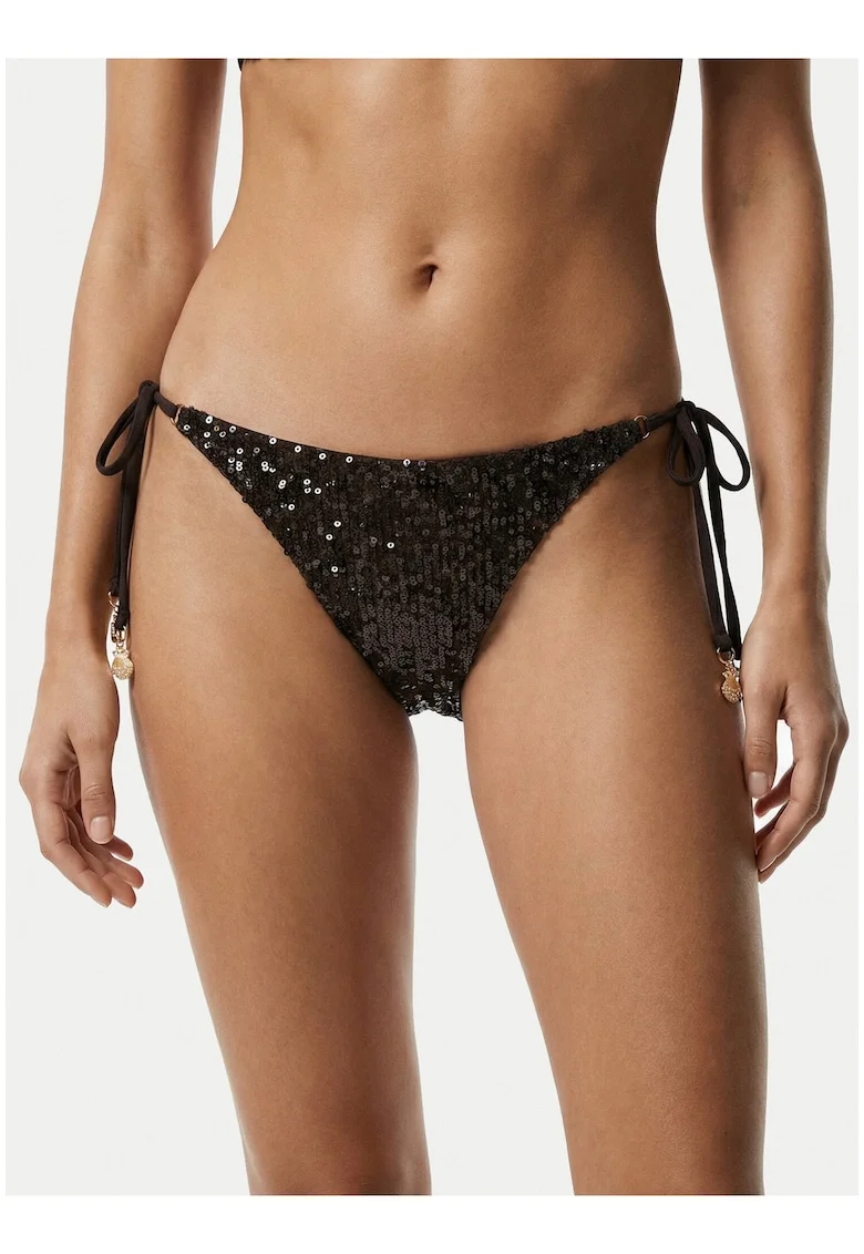 Slip de baie Dama,  gri-maro, talie joasa, snururi laterale, material elastic, set de plaja