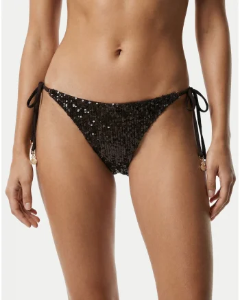 Slip de baie Dama,  gri-maro, talie joasa, snururi laterale, material elastic, set de plaja