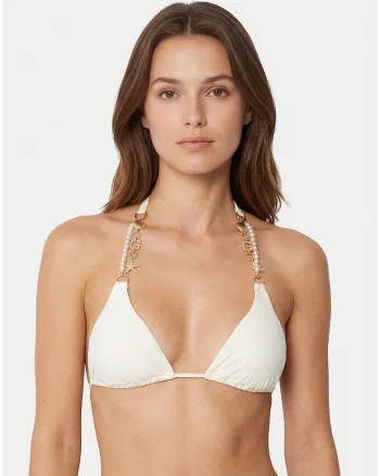Sutien de bikini pentru femei,  alb/bej, material elastic, cupe fara armatura, bretele nedetasabile, set