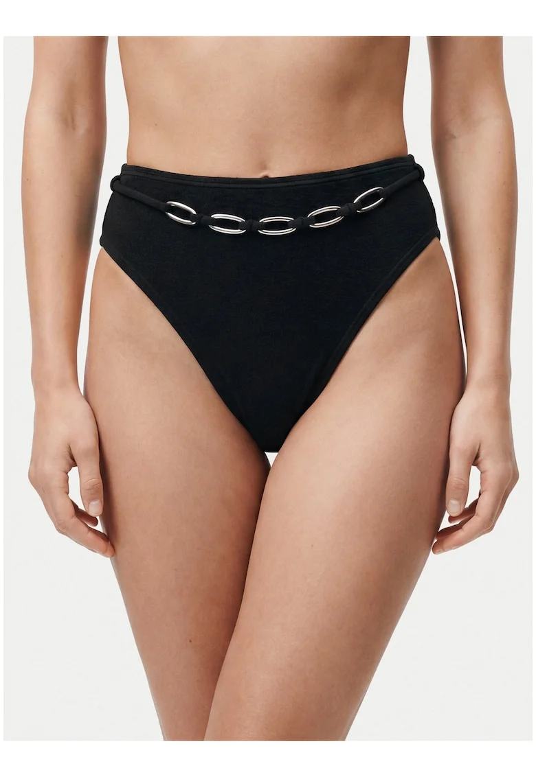 Slip de bikini,  croiala clasica, talie inalta, negru, material sintetic
