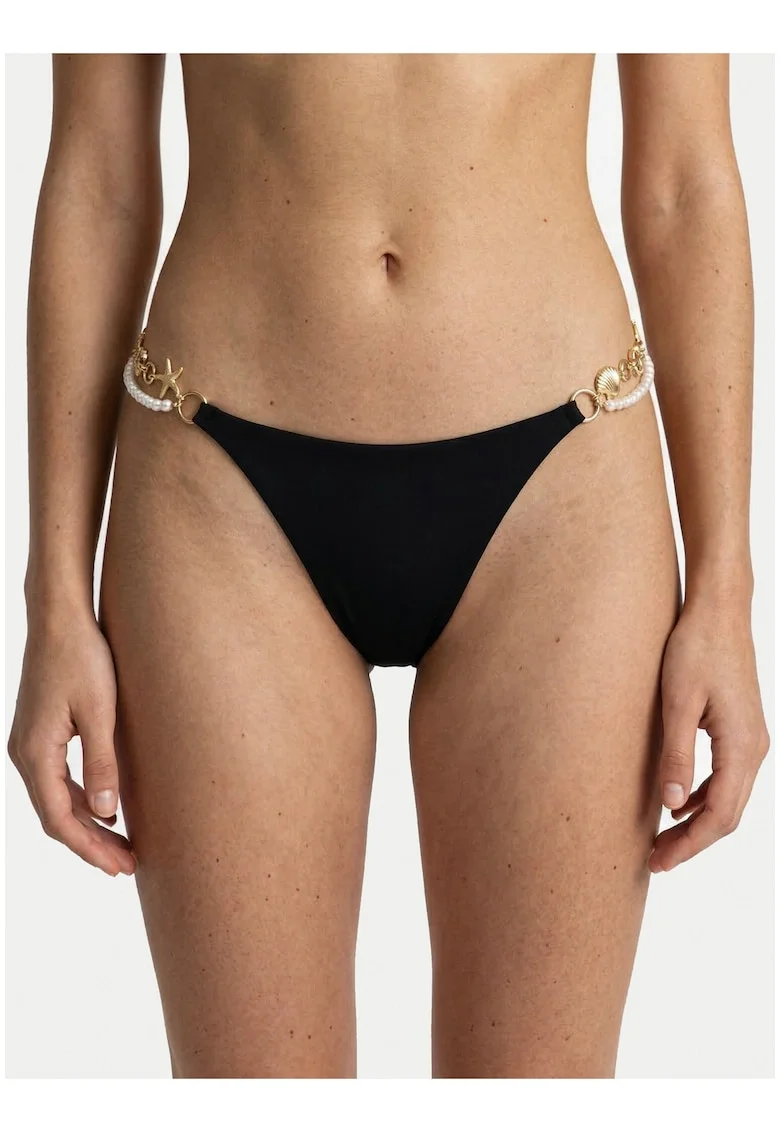Slip brazilian,  negru, material elastic, detalii aurii