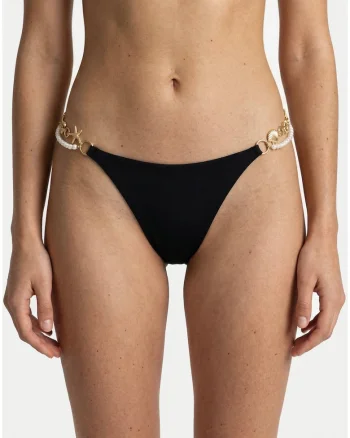 Slip brazilian,  negru, material elastic, detalii aurii