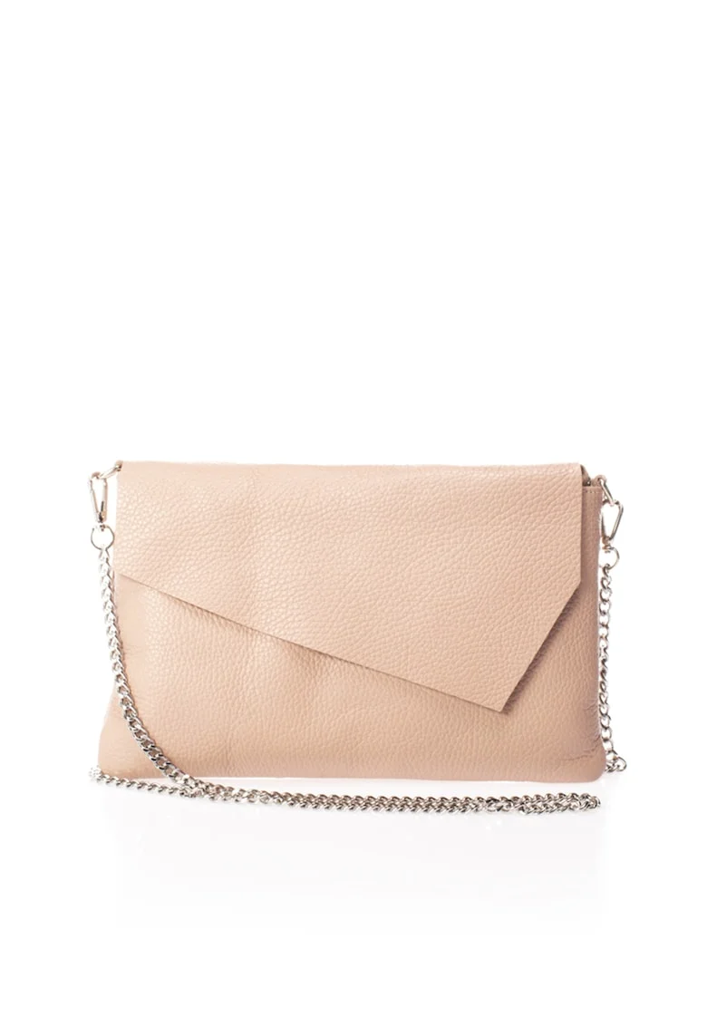 Geanta crossbody din piele cu bareta din lant, Roz deschis