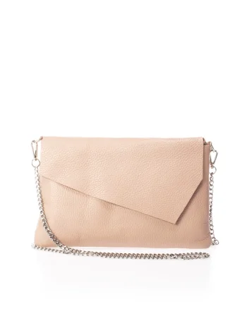 Geanta crossbody din piele cu bareta din lant, Roz deschis